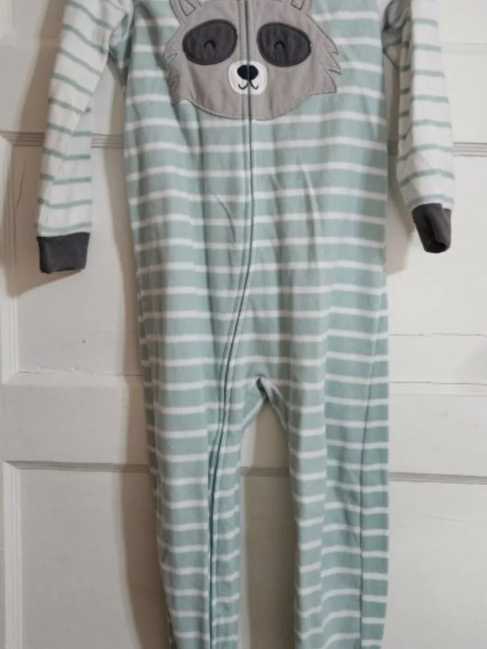 CARTER'S Green Striped Raccoon Face Fleece Blanket Sleeper Pajamas Boys Size 4T